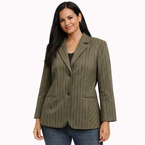 Ann Klein Blazer Size 16 Gray Black Striped 96% Wool Stretch Blazer Jacket